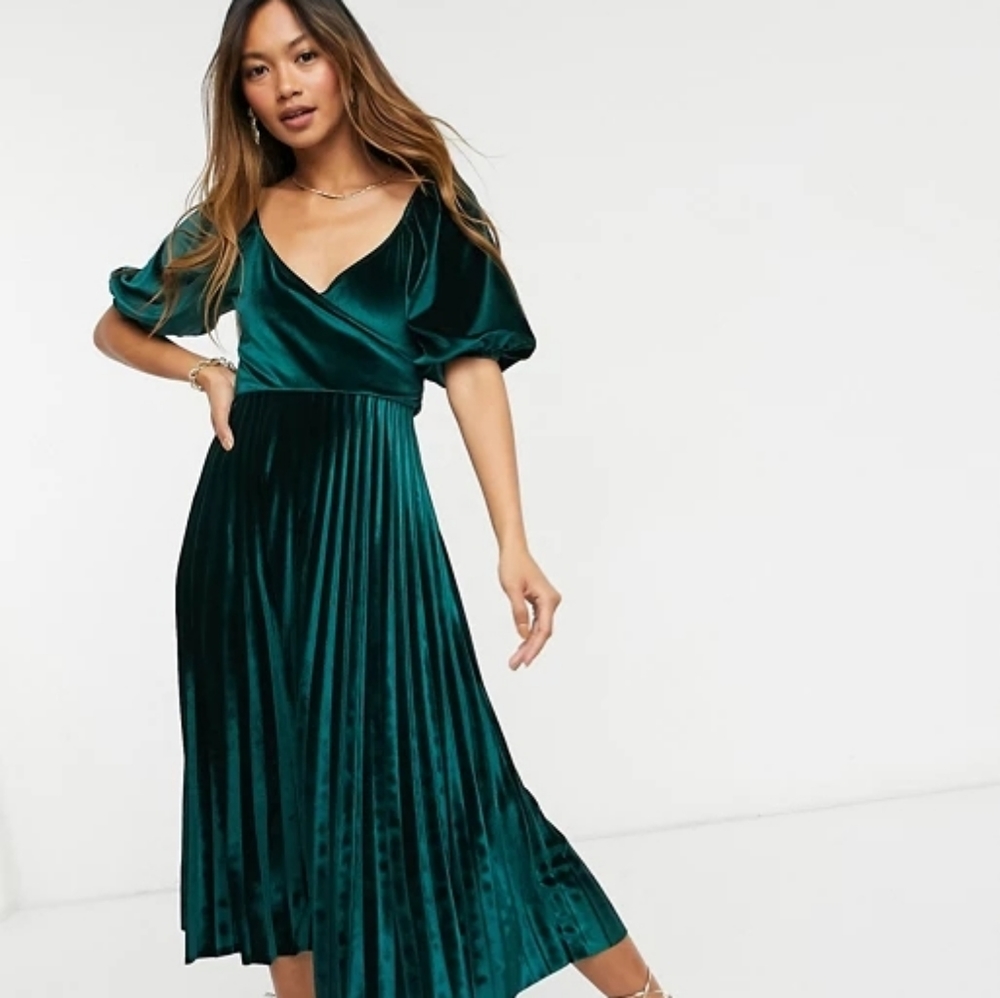 ASOS DESIGN puff sleeve velvet wrap pleat midi